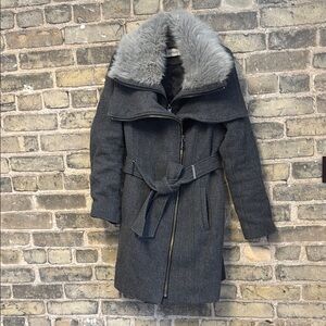 Calvin Klein Gray Trench Coat with Faux Fur Collar